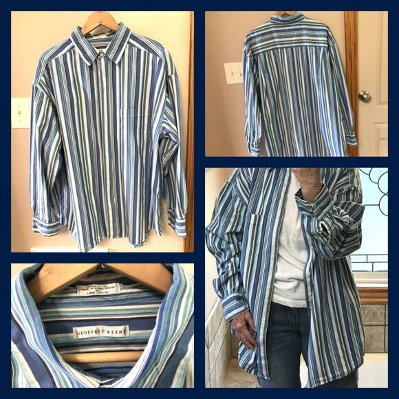 Geoffrey Beene Cotton Button-Down Shirt: Vintage, Blue Stripes, Men’s Size XL - Picture 8 of 8